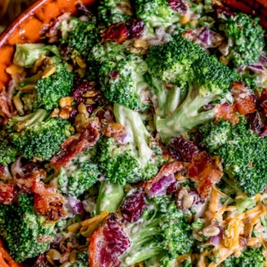 Bowl of the best broccoli salad with fresh ingredients and dressing