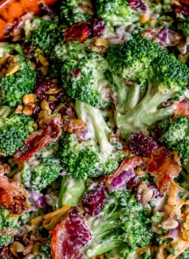 Bowl of the best broccoli salad with fresh ingredients and dressing