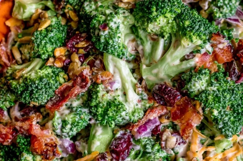 Bowl of the best broccoli salad with fresh ingredients and dressing