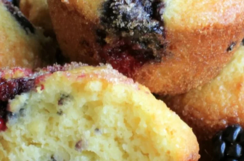 Freshly baked blackberry muffins with berries on top