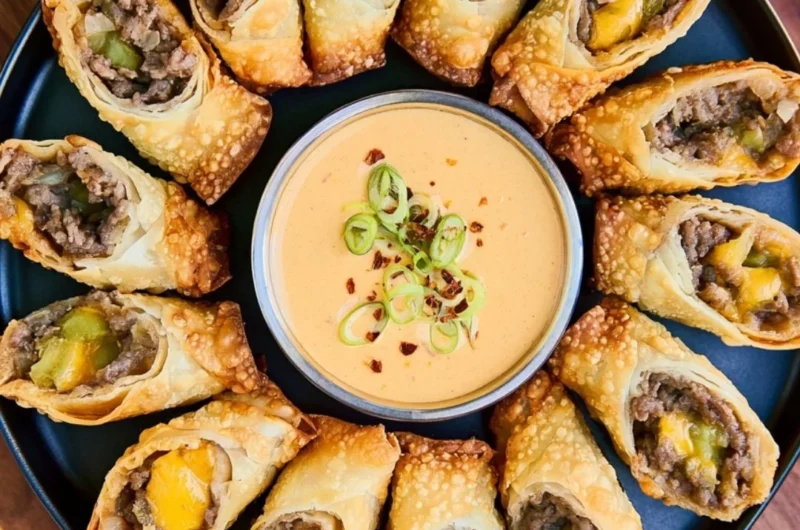 Crispy Cheeseburger Eggrolls filled with ground beef and cheese