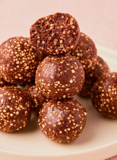 Chocolate Peanut Butter Quinoa Crunch Bites on a white plate