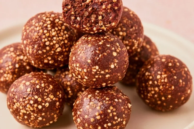 Chocolate Peanut Butter Quinoa Crunch Bites on a white plate