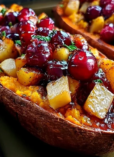 Cranberry apple twice-baked sweet potatoes topped with herbs and nuts.