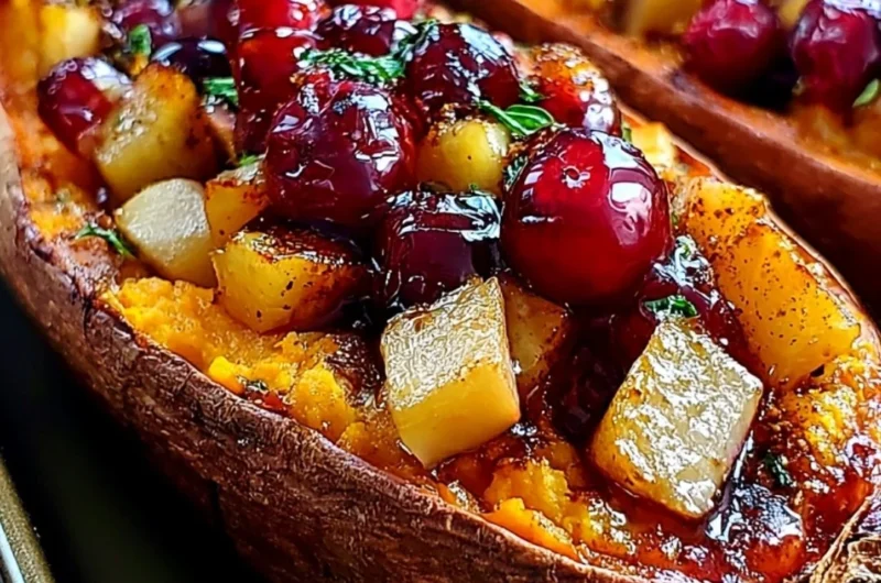 Cranberry apple twice-baked sweet potatoes topped with herbs and nuts.