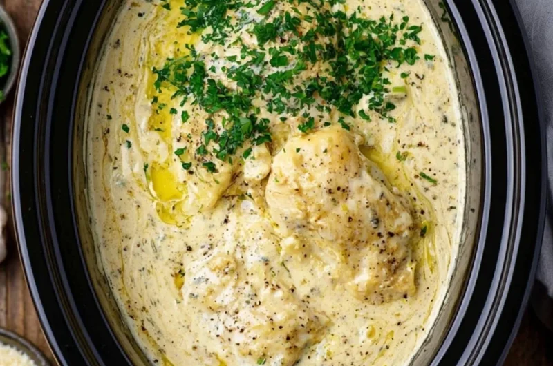 Crock Pot Angel Chicken served with vegetables on a plate