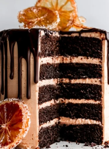 Delicious dark chocolate blood orange cake garnished with slices of blood orange.