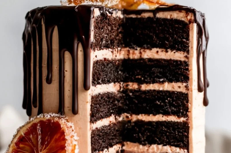 Delicious dark chocolate blood orange cake garnished with slices of blood orange.
