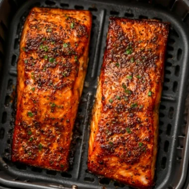 Delicious easy air fryer salmon served with lemon and herbs
