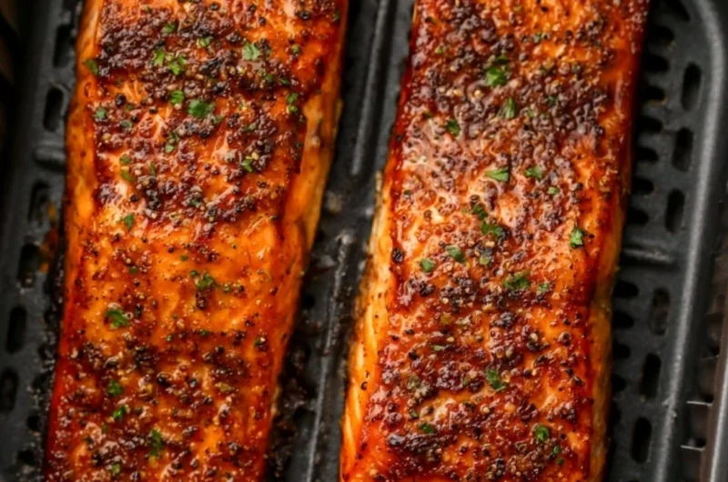 Delicious easy air fryer salmon served with lemon and herbs