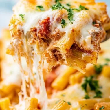 Delicious easy baked ziti with cheesy layers and savory sauce