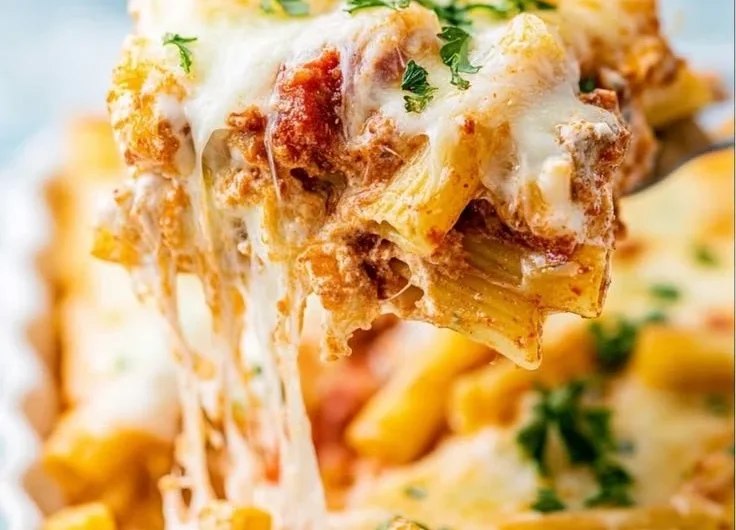 Delicious easy baked ziti with cheesy layers and savory sauce