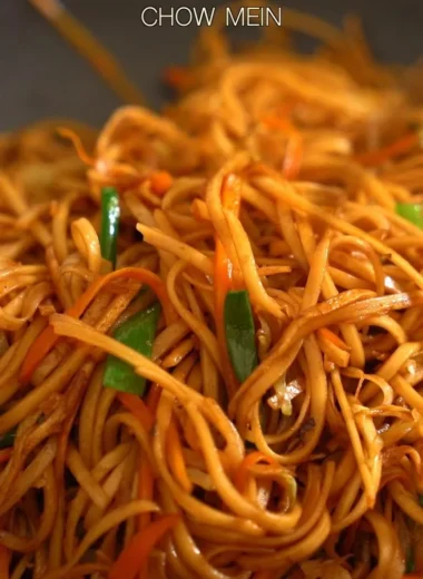 Delicious homemade chow mein dish with colorful vegetables and noodles
