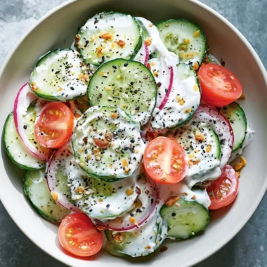 Fresh cucumber salad topped with everything bagel seasoning in a bowl