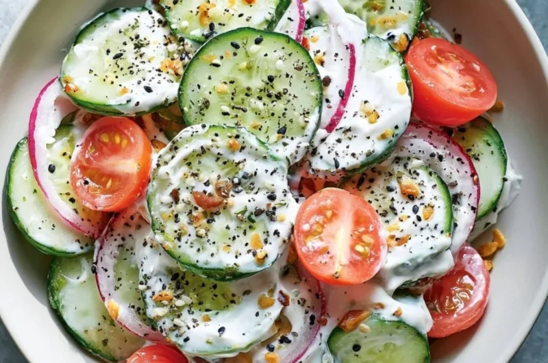 Fresh cucumber salad topped with everything bagel seasoning in a bowl