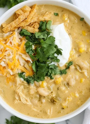 Delicious Green Chile Chicken Enchilada Soup served in a bowl with fresh toppings.