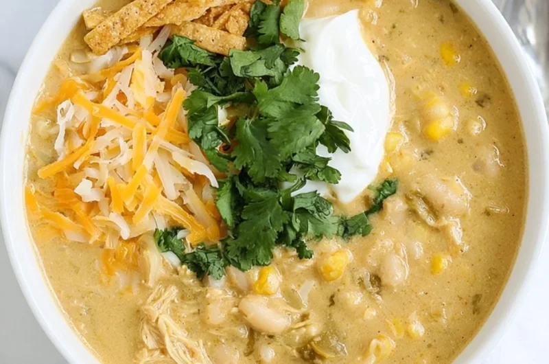 Delicious Green Chile Chicken Enchilada Soup served in a bowl with fresh toppings.