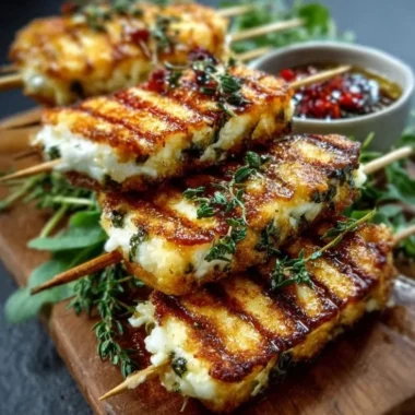 Grilled Halloumi skewers with lemon and thyme on a vibrant platter