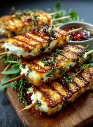 Grilled Halloumi skewers with lemon and thyme on a vibrant platter