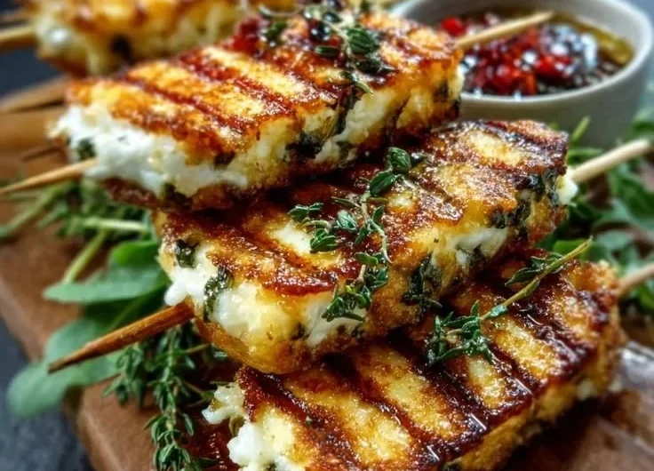 Grilled Halloumi skewers with lemon and thyme on a vibrant platter