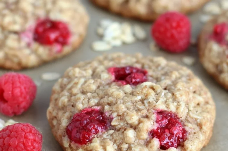 Healthy raspberry oatmeal cookies stacked on a plate