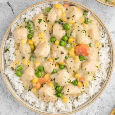High Protein Crustless Chicken Pot Pie served in a bowl with vegetables