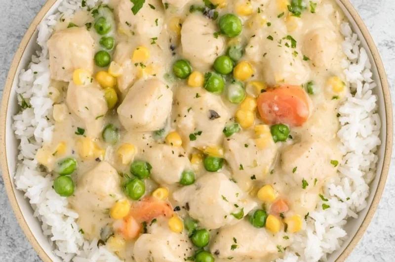 High Protein Crustless Chicken Pot Pie served in a bowl with vegetables