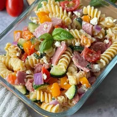 High-protein Italian pasta salad with colorful vegetables and dressing