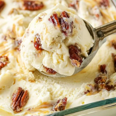 Delicious homemade buttered pecan ice cream with crunchy pecans