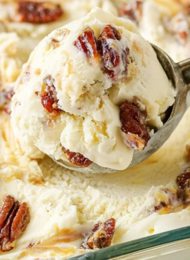 Delicious homemade buttered pecan ice cream with crunchy pecans