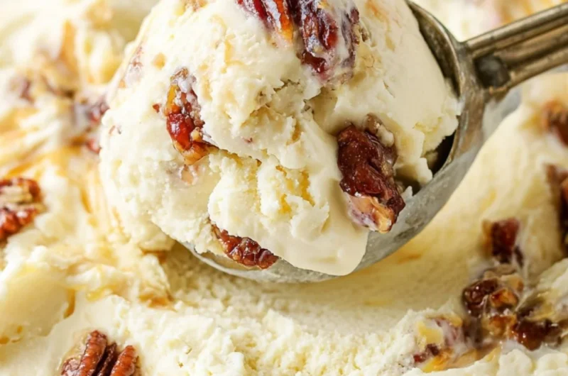 Delicious homemade buttered pecan ice cream with crunchy pecans
