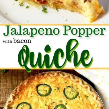 Delicious jalapeno popper quiche with bacon and cheese served on a plate