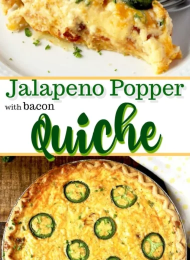 Delicious jalapeno popper quiche with bacon and cheese served on a plate