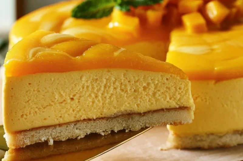 Delicious Mango Mousse Cake topped with fresh mango slices and whipped cream