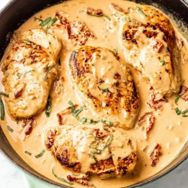 Delicious plate of Marry Me Chicken garnished with herbs