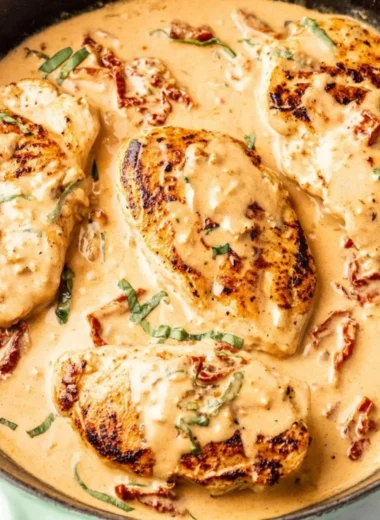 Delicious plate of Marry Me Chicken garnished with herbs