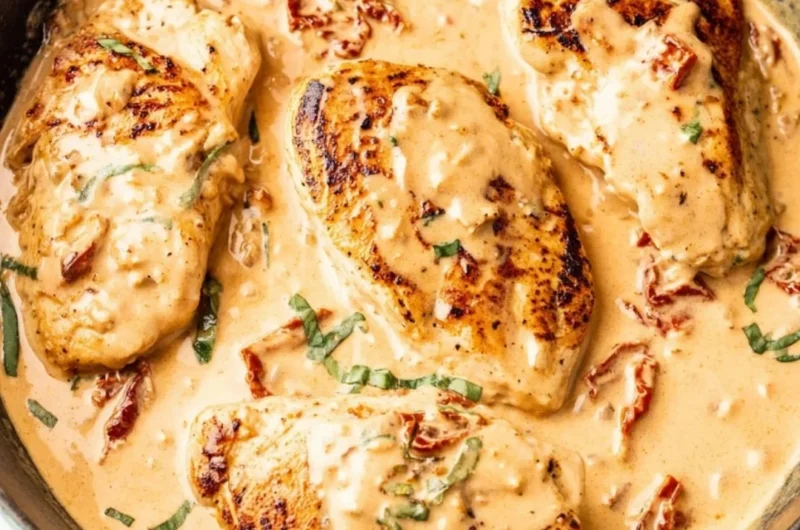 Delicious plate of Marry Me Chicken garnished with herbs