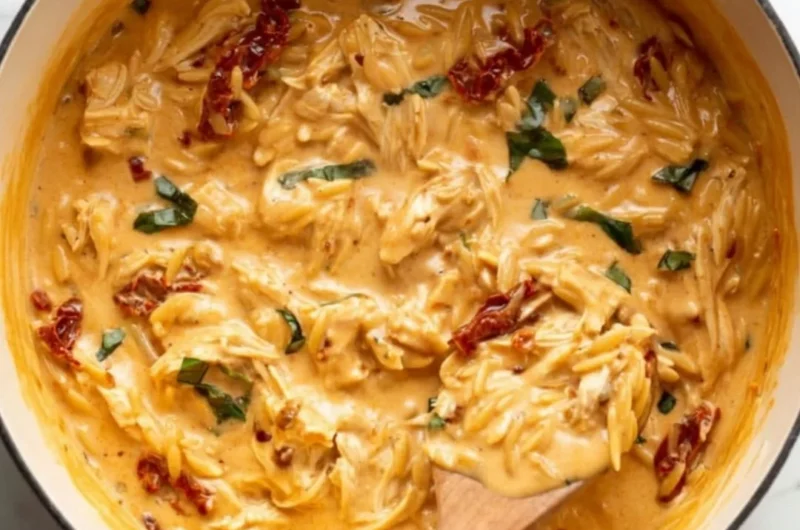 Delicious Marry Me Chicken Orzo served with herbs and garnished.