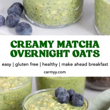 Bowl of Matcha Overnight Oats topped with fruits and nuts