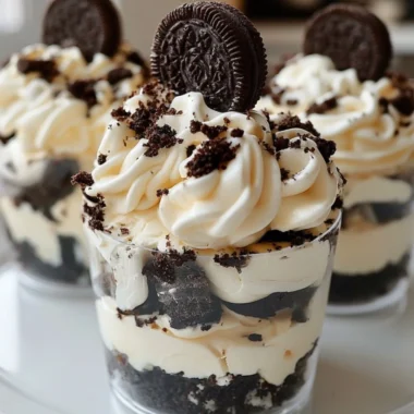 No-bake Oreo cheesecake cups served in clear dessert cups with an Oreo cookie topping
