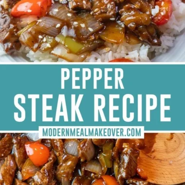 Mouthwatering pepper steak dish with vibrant bell peppers and savory sauce.