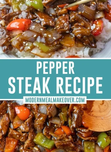 Mouthwatering pepper steak dish with vibrant bell peppers and savory sauce.