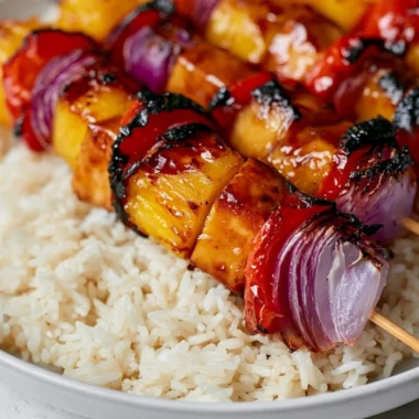 Grilled pineapple chicken kabobs with colorful vegetables on skewers