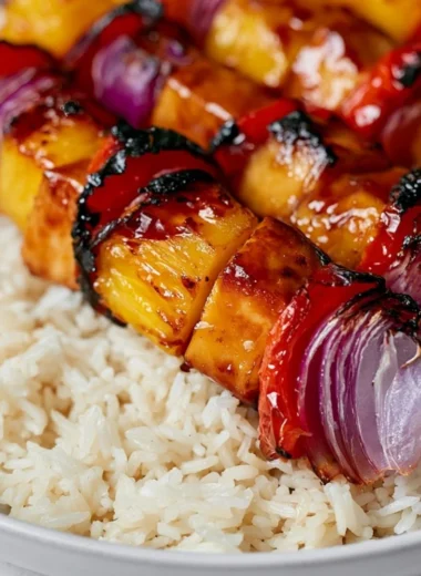 Grilled pineapple chicken kabobs with colorful vegetables on skewers