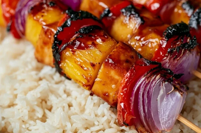 Grilled pineapple chicken kabobs with colorful vegetables on skewers