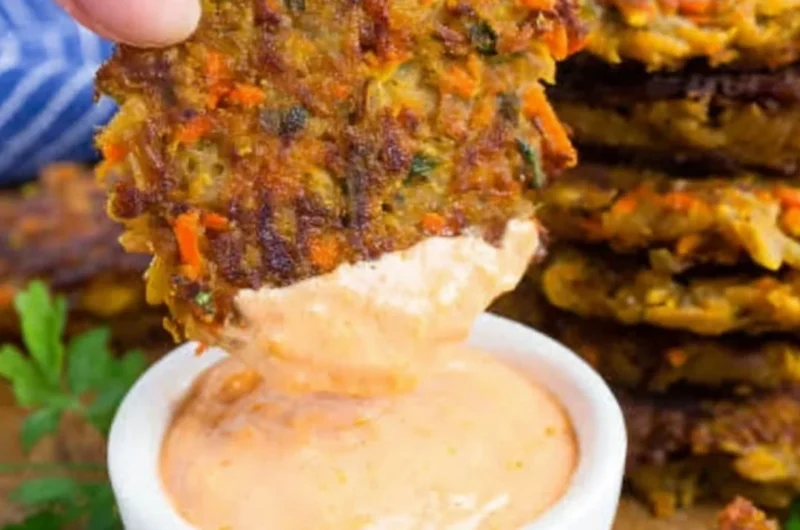 Golden brown potato fritters with red lentils served on a plate