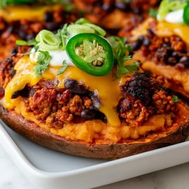 Healthy protein loaded sweet potato boats topped with various toppings.