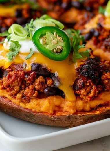 Healthy protein loaded sweet potato boats topped with various toppings.