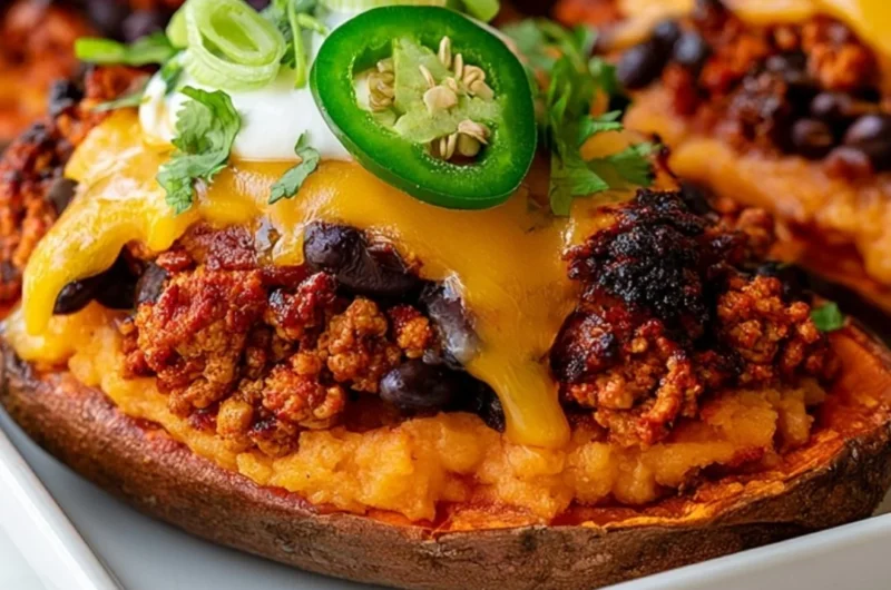 Healthy protein loaded sweet potato boats topped with various toppings.