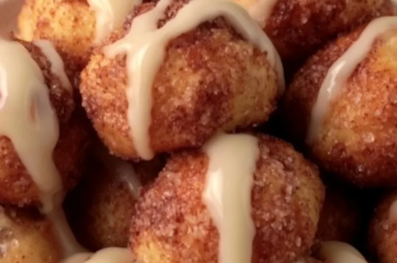 Quick cinnamon roll bites fresh out of the oven, topped with icing.